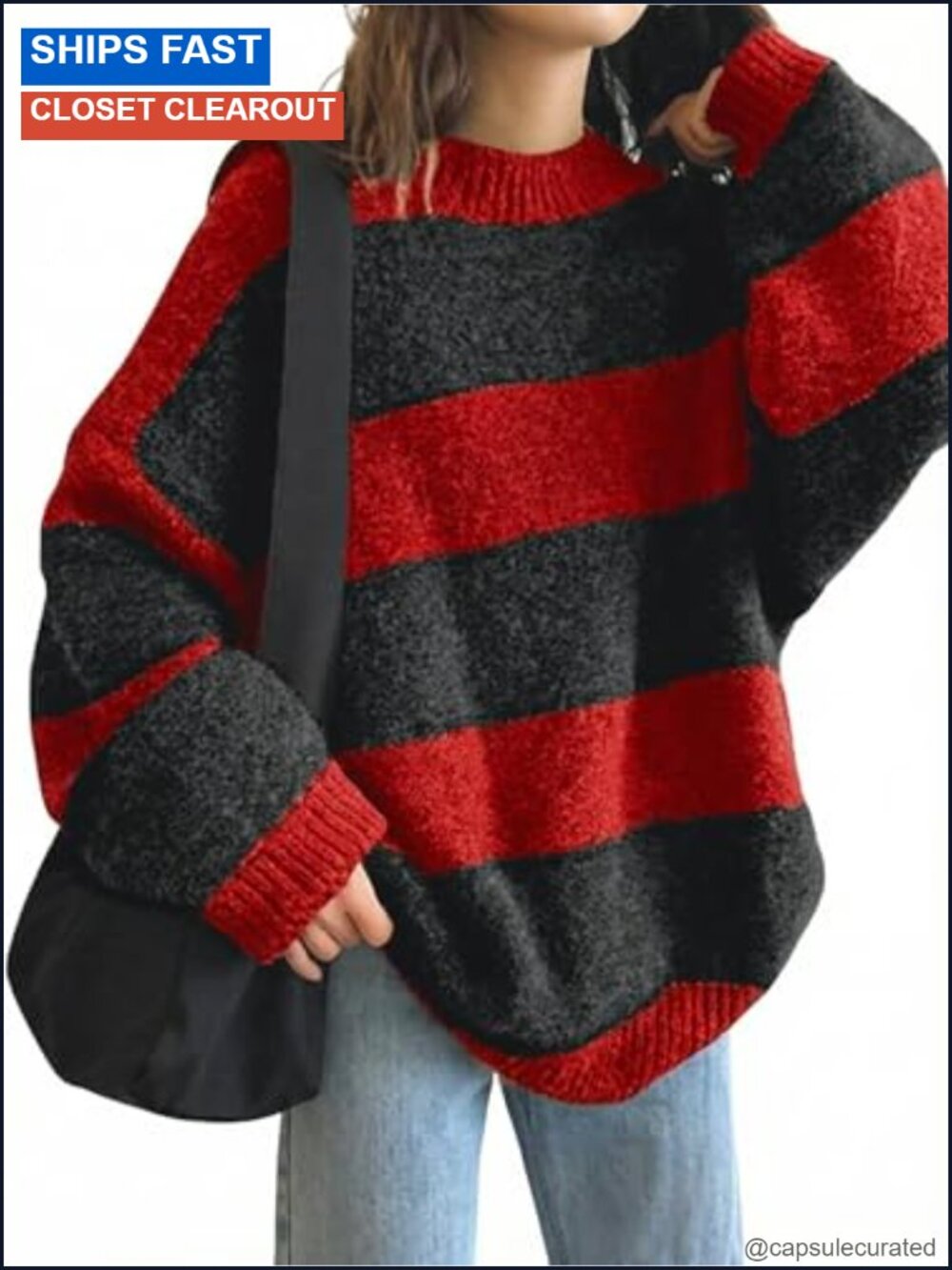 Women's Oversized Striped Crewneck Sweater 100% Polyester Long Sleeve Pullover